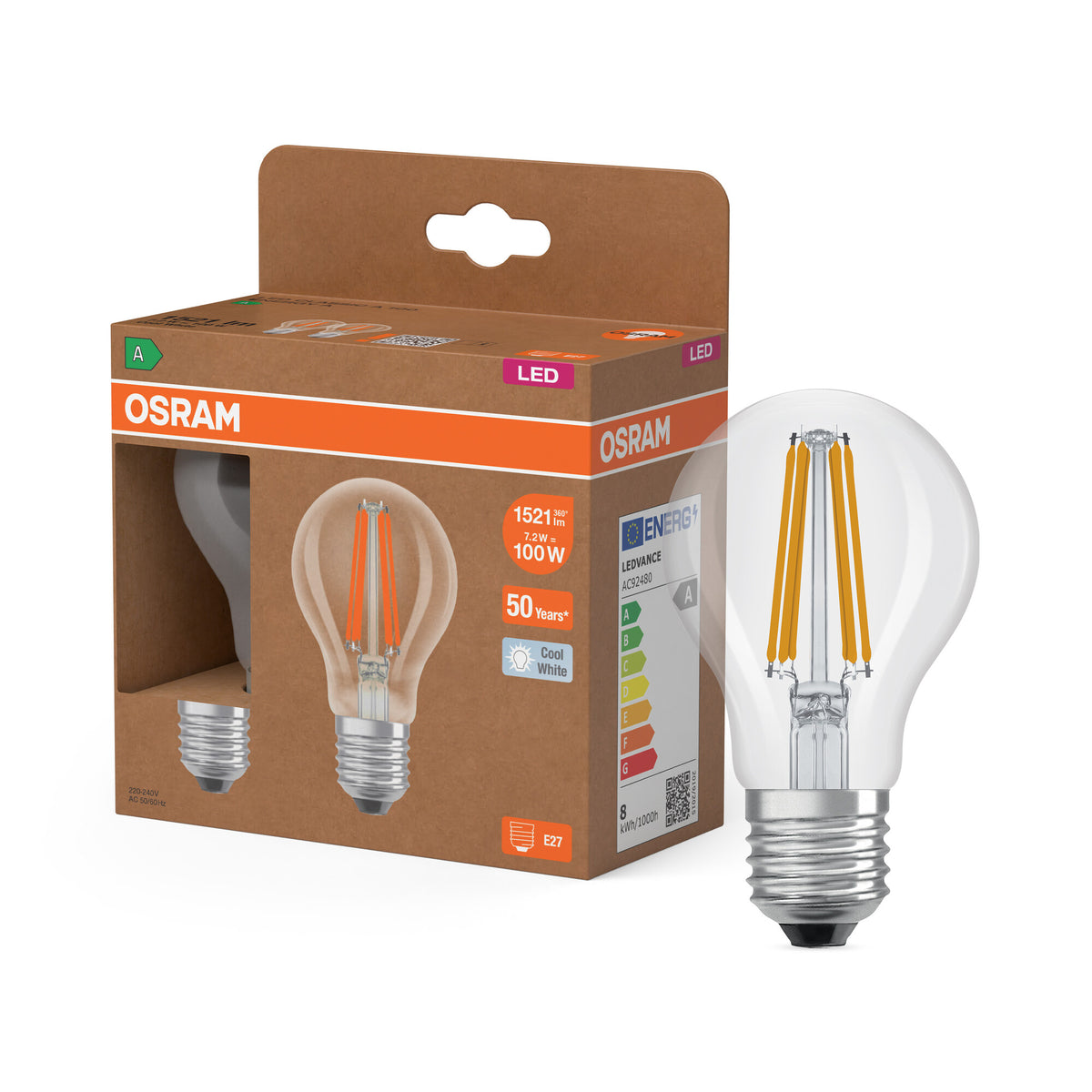 OSRAM LED LAMPS ENERGY CLASS A ENERGY EFFICIENCY FILAMENT CLASSIC A in A-Form, LED-Lampe, Bleifreies Glas, Klar, 7,2 W, 1521 lm, Kaltweiß, Energieeffizienzklasse: A, 2er