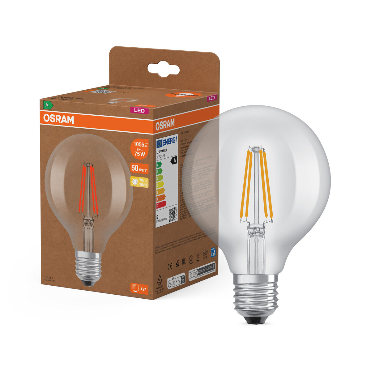 OSRAM LED LAMPS ENERGY CLASS A ENERGY EFFICIENCY FILAMENT CLASSIC Globe , LED-Lampe, Bleifreies Glas, Klar, 5 W, (ex 75 W), 1055 lm, Warmweiß, Energieeffizienzklasse: A