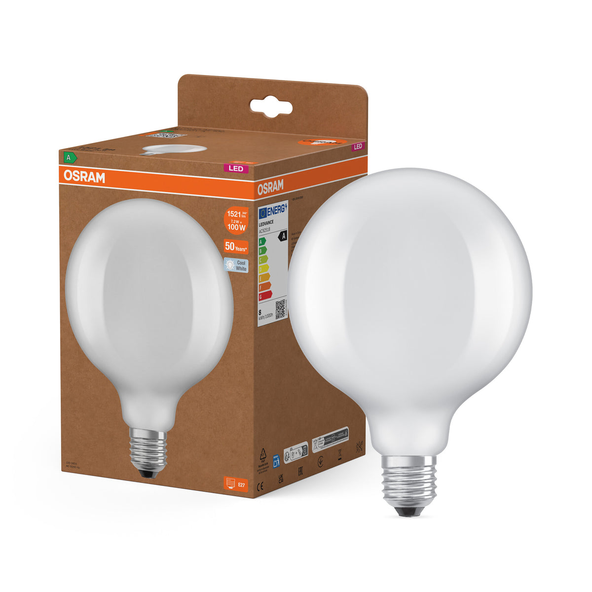 OSRAM LED LAMPS ENERGY CLASS A ENERGY EFFICIENCY FILAMENT CLASSIC Globe , LED-Lampe, Bleifreies Glas, Matt, 7,2 W, 1521 lm, Kaltweiß, Energieeffizienzklasse: A