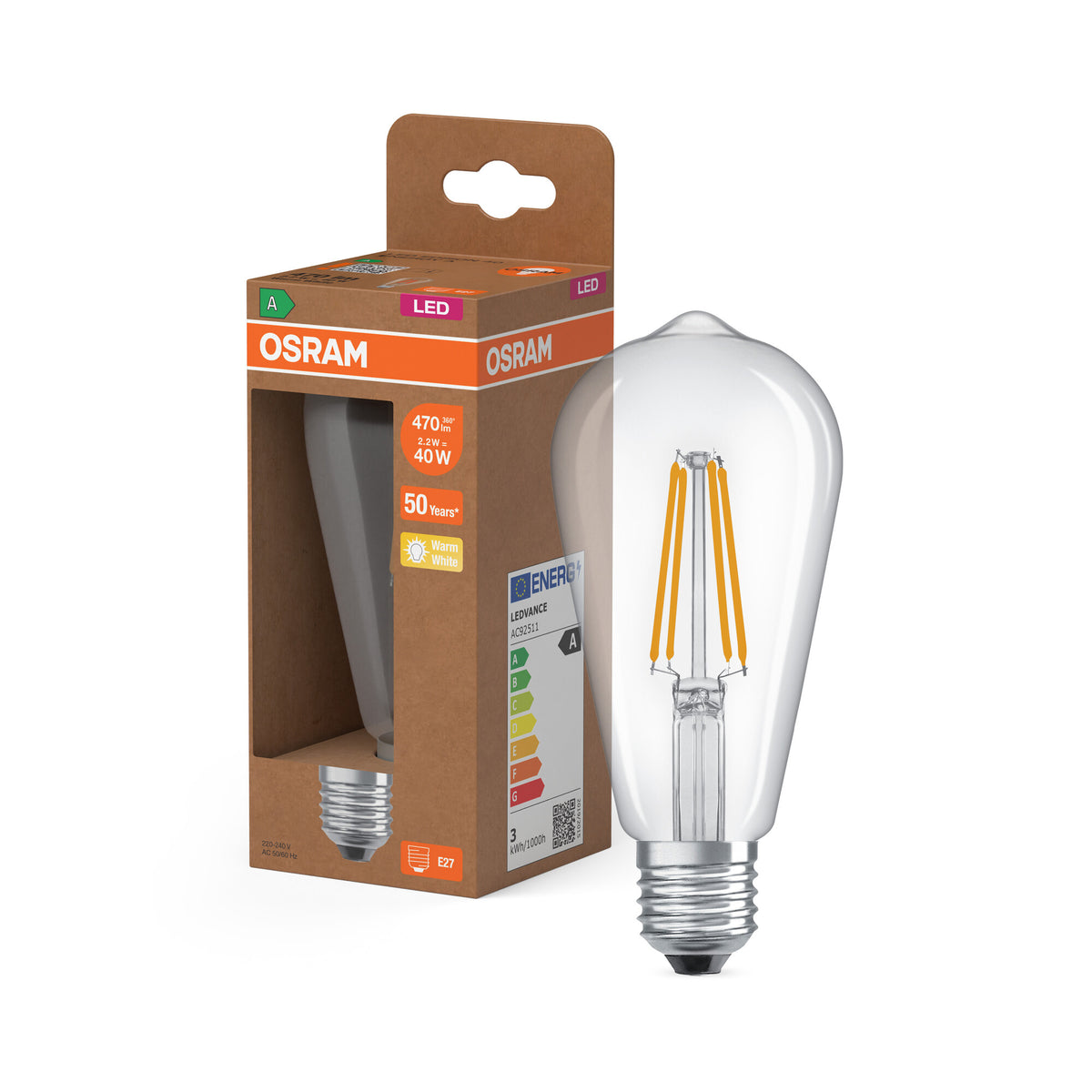 OSRAM LED LAMPS ENERGY CLASS A  ENERGY EFFICIENCY FILAMENT CLASSIC EDISON , LED-Lampe, Bleifreies Glas, Klar, 2,2 W, 470 lm, Warmweiß, Energieeffizienzklasse: A