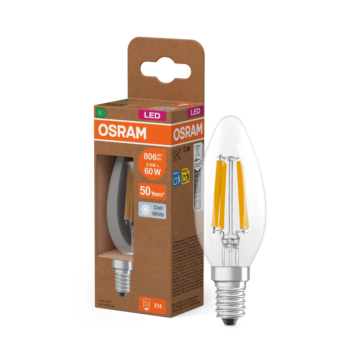 OSRAM LED CLASSIC B ENERGY EFFICIENCY A in B-Form, LED-Lampe, Bleifreies Glas, Klar, 3,8 W, (ex 60 W), 806 lm, Kaltweiß, 4000 K, Energieeffizienzklasse: A, CRI 80