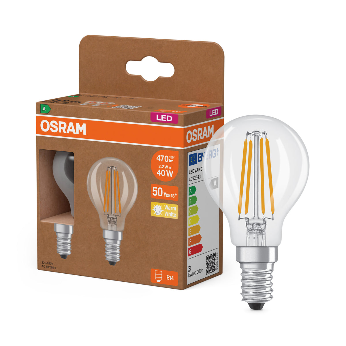 OSRAM LED CLASSIC P ENERGY EFFICIENCY A in P-Form, LED-Lampe, Bleifreies Glas, Klar, 2,2 W, (ex 40 W), 470 lm, Warmweiß, 2700 K, Energieeffizienzklasse: A, CRI 80, 2er