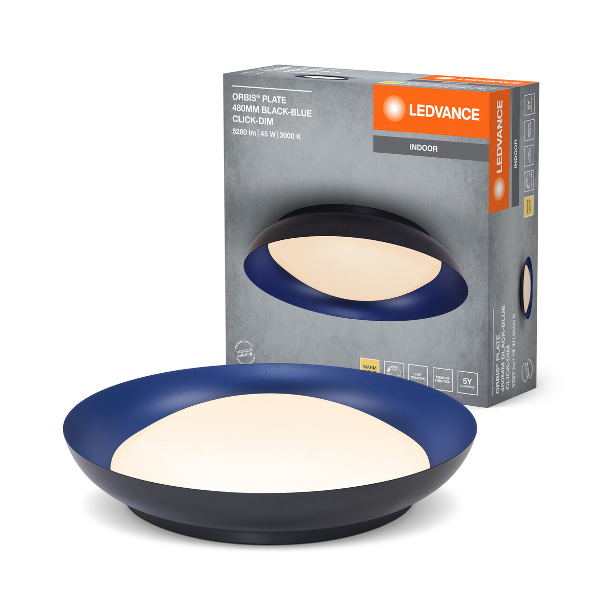 LEDVANCE Orbis Plate LED-Deckenleuchte, schwarz-blau, 45W, 2200lm, 3000K, 480mm, 830 freundliches Warmweiß, durch Kicken in 3-Stufen dimmbar, IP20 Schutz, Montageschrauben und Dübel inklusive
