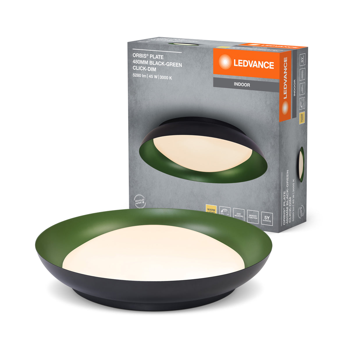 LEDVANCE Orbis Plate LED-Deckenleuchte, schwarz-, 45W, 2200lm, 3000K, 480mm, 830 freundliches Warmweiß, durch Kicken in 3-Stufen dimmbar, IP20 Schutz, Montageschrauben und Dübel inklusive