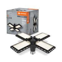 LEDVANCE Highbay Blade Deckenlampe in Schwarz, Kunststoff, mit verstellbaren Lichtflügeln, bietet 23 W bzw. 2350 lm in Neutralweiß mit 4000 K, E27 Schraubgewinde, 231 mm Durchmesser, IP20