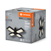 LEDVANCE Highbay Blade Deckenlampe in Schwarz, Kunststoff, mit verstellbaren Lichtflügeln, bietet 23 W bzw. 2350 lm in Neutralweiß mit 4000 K, E27 Schraubgewinde, 231 mm Durchmesser, IP20