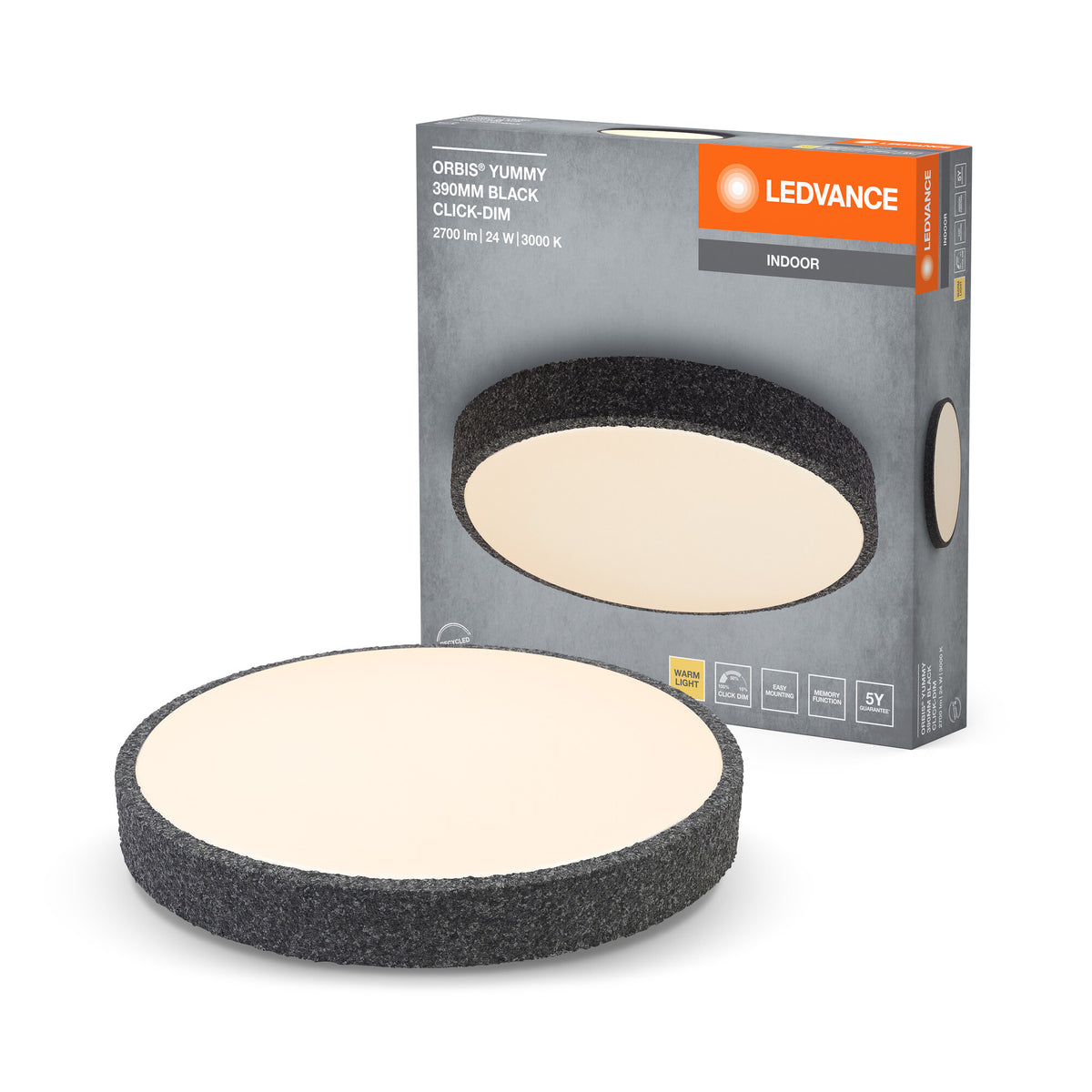 LEDVANCE ORBIS Yummy LED-Deckenleuchte mit Metallring, schwarz, 24W, 1450lm, 3000K, 390mm, 830 freundliches Warmweiß, durch Klicken dimmbar, IP20 Schutz, Montageschrauben und Dübel inklusive