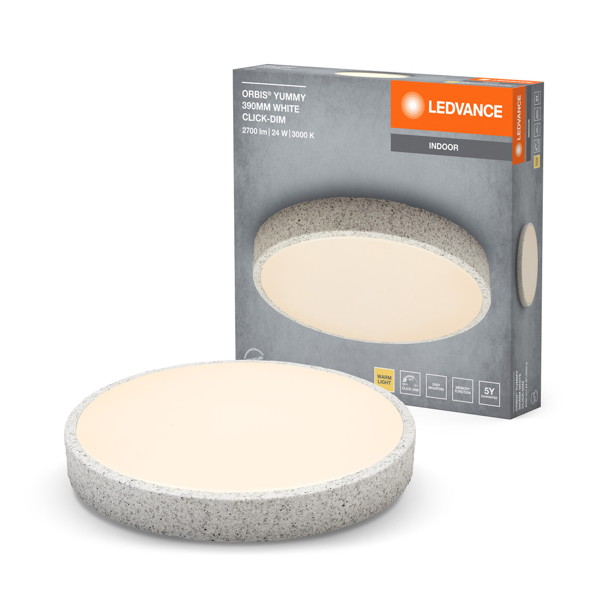 LEDVANCE ORBIS Yummy LED-Deckenleuchte mit Metallring, weiß, 24W, 1450lm, 3000K, 390mm, 830 freundliches Warmweiß, durch Klicken dimmbar, IP20 Schutz, Montageschrauben und Dübel inklusive