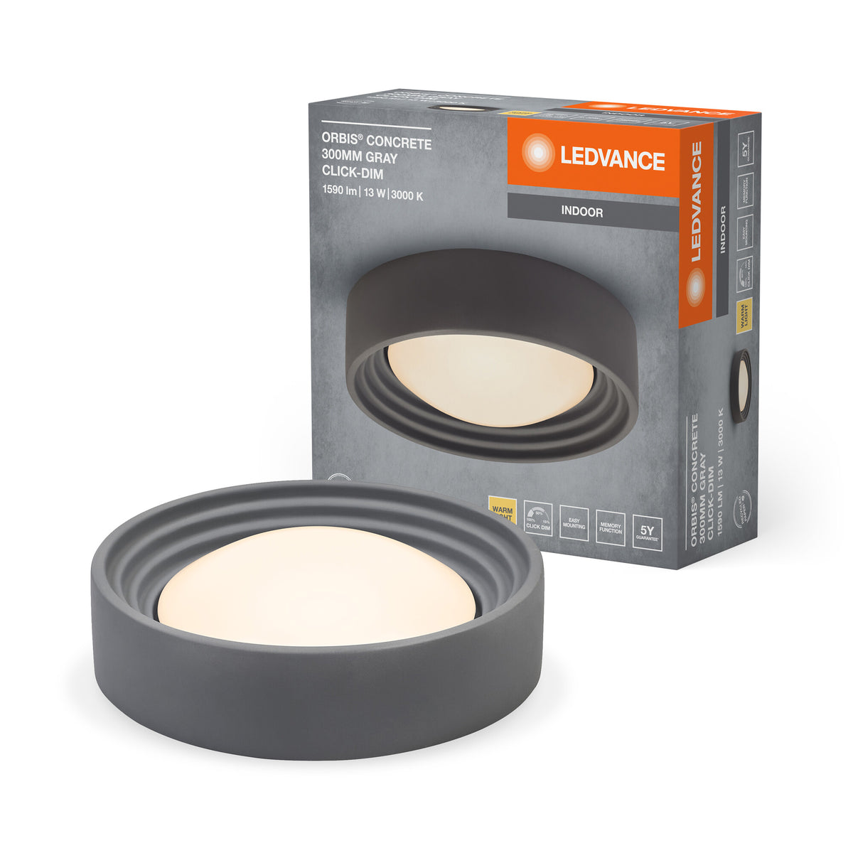 LEDVANCE ORBIS Concrete, graue Beton-Deckenleuchte mit LED, 13W, 800lm, 3000K freundliches Warmweiß, durch Klicken in 3-Stufen dimmbar, 300mm Durchmesser, IP20 Schutz, für Badezimmer geeignet