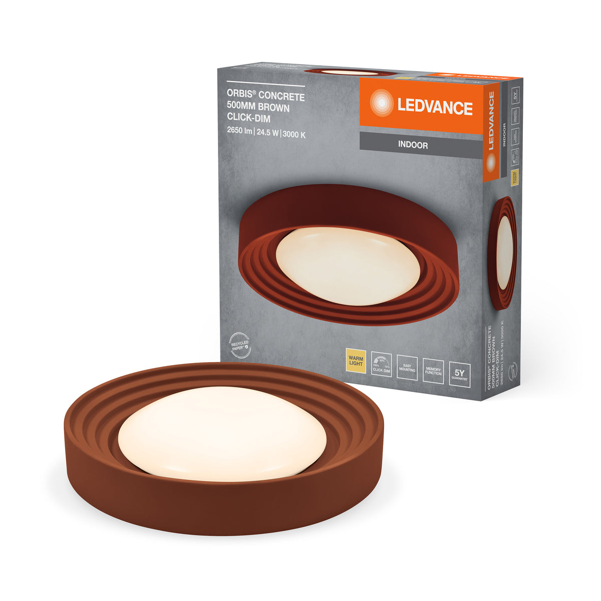 LEDVANCE ORBIS Concrete, braune Beton-Deckenleuchte mit LED, 24. 5W, 1800lm, 3000K freundliches Warmweiß, durch Klicken in 3-Stufen dimmbar, 500mm Durchmesser, IP20 Schutz, für Badezimmer geeignet