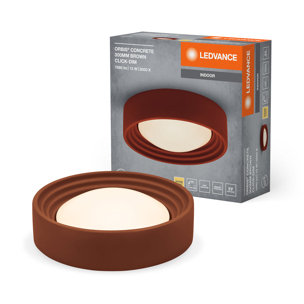 LEDVANCE ORBIS Concrete, braune Beton-Deckenleuchte mit LED, 13W, 800lm, 3000K freundliches Warmweiß, durch Klicken in 3-Stufen dimmbar, 300mm Durchmesser, IP20 Schutz, für Badezimmer geeignet