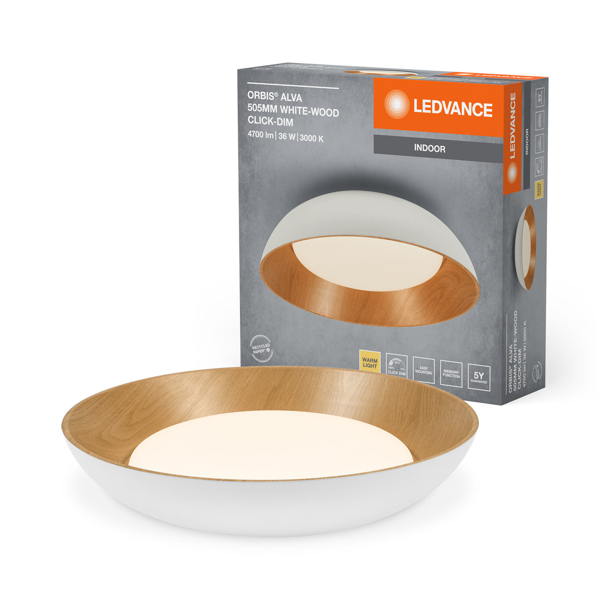 LEDVANCE ORBIS Alva LED-Deckenleuchte, weiß mit Holzdekor, 36W, 1600lm, 3000K, 830 freundliches Warmweiß, durch Klicken in 3-Stufen dimmbar, IP20 Schutz, Montageschrauben und Dübel inklusive