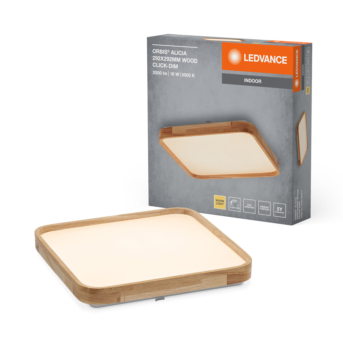 LEDVANCE ORBIS Alicia LED-Deckenleuchte mit Holzdekor, 16W, 1000lm, 3000K, 292x292mm, freundliches Warmweiß, durch Klicken dimmbar, IP20 Schutz, Montageschrauben und Dübel inklusive