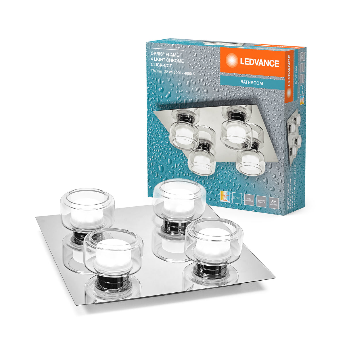 LEDVANCE ORBIS Flame Wand- und Deckenleuchte mit LED, Chrom, 22W, 1400lm, 3000/4000K, Farbtemperatur via Wandschalter einstellbar (kaltweiß und warmweiß), IP44 Schutz vor Fremdkörpern und Spritzwasser