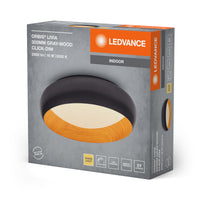 LEDVANCE ORBIS Livia LED-Deckenleuchte mit Metallring, grau/Holzdekor, 16W, 750lm, 3000K, 300mm, 830 freundliches Warmweiß, durch Klicken in 3-Stufen dimmbar, IP20, Schrauben/Dübel inklusive