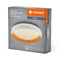 LEDVANCE ORBIS Livia LED-Deckenleuchte mit Metallring, weiß/Holzdekor, 24W, 1200lm, 3000K, 430mm, 830 freundliches Warmweiß, durch Klicken in 3-Stufen dimmbar, IP20, Schrauben/Dübel inklusive