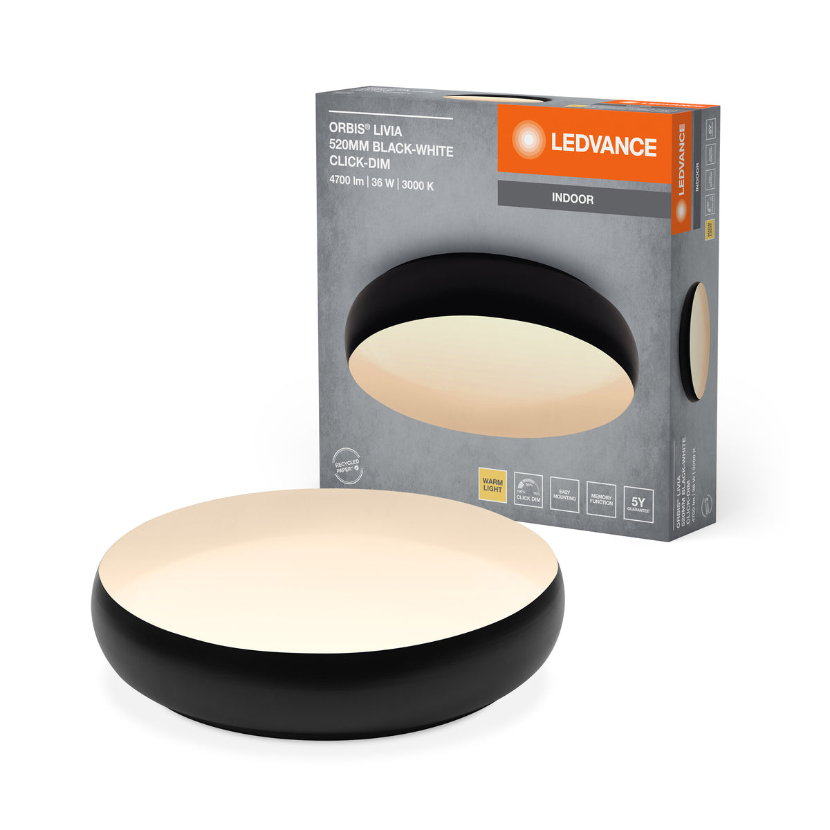 LEDVANCE ORBIS Livia LED-Deckenleuchte mit Metallring, schwarz-weiß, 36W, 2400lm, 3000K, 520mm, 830 freundliches Warmweiß, durch Klicken in 3-Stufen dimmbar, IP20, Montageschrauben und Dübel inklusive