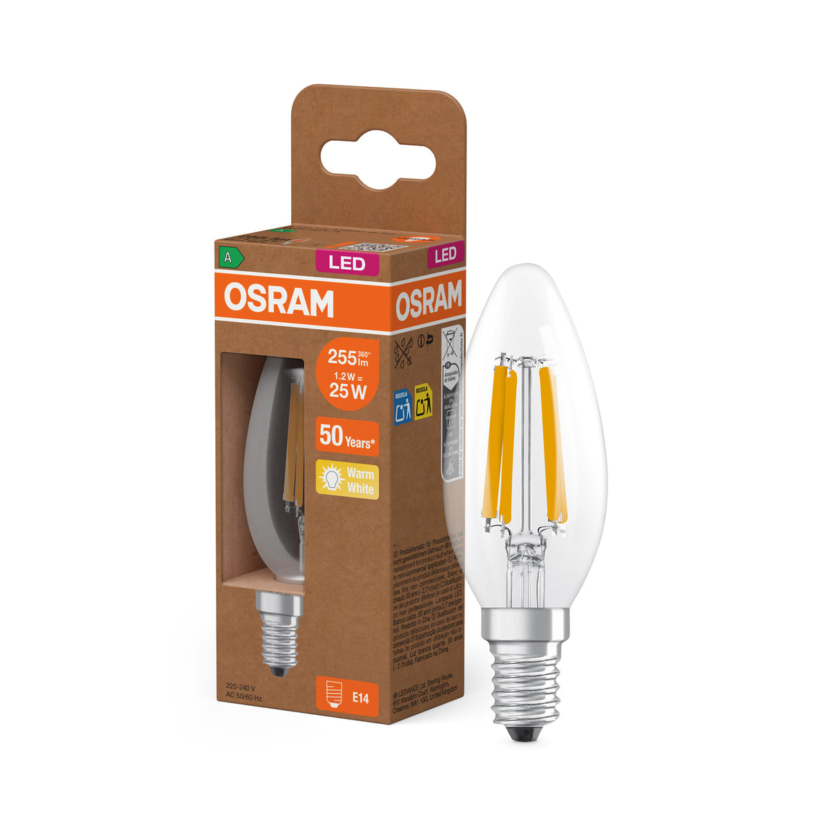 OSRAM LED CLASSIC B ENERGY EFFICIENCY A , LED-Lampe, Bleifreies Glas, Klar, 1,2 W, (ex 25 W), 255 lm, Warmweiß, 2700 K, Energieeffizienzklasse: A, CRI 80