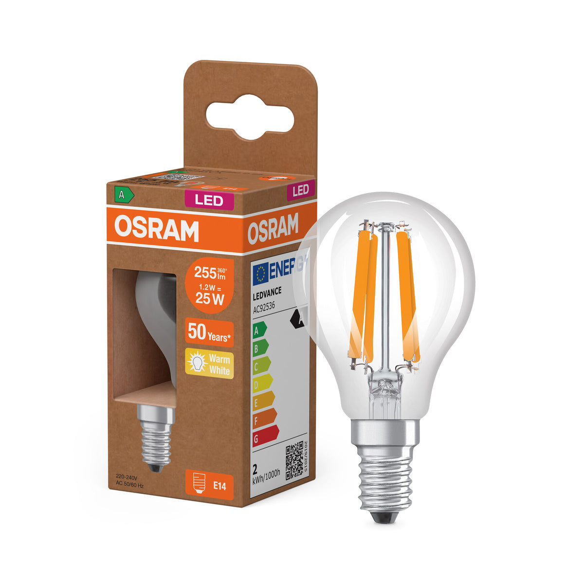 OSRAM LED CLASSIC P ENERGY EFFICIENCY A , LED-Lampe, Bleifreies Glas, Klar, 1,2 W, (ex 25 W), 255 lm, Warmweiß, 2700 K, Energieeffizienzklasse: A, CRI 80