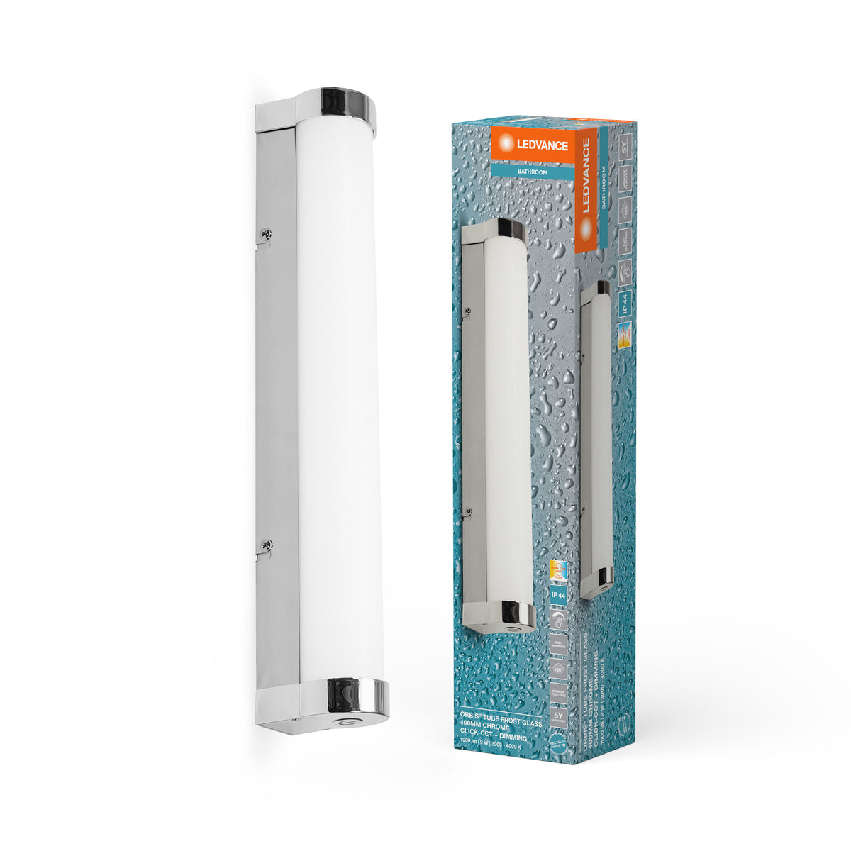 LEDVANCE ORBIS Tube Spiegel-/Wandleuchte mit LED, gefrostetes Glas/Chrom, 9W, 900lm, dimmbar, 3000/4000K über Wandschalter einstellbar, 40cm Durchmesser, IP44 Schutz vor Fremdkörpern/Spritzwasser