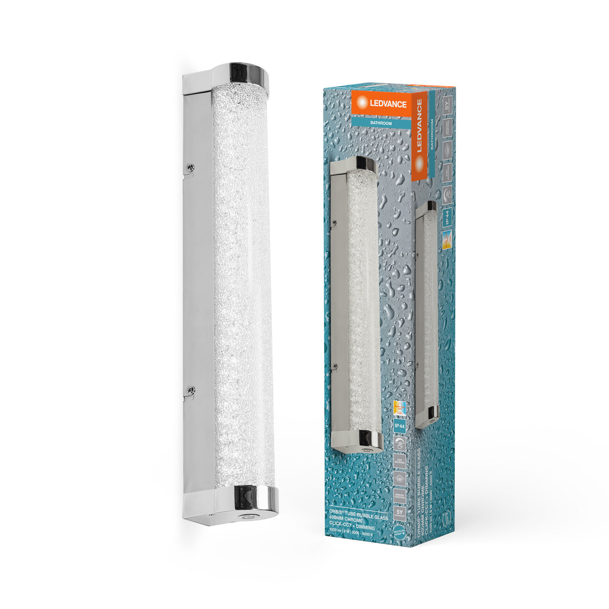 LEDVANCE ORBIS Tube LED-Spiegel-/Wandleuchte, Chrom, Glas mit Blaseneffekt, 9W, 900lm, dimmbar, 3000/4000K über Wandschalter einstellbar, 40cm Durchmesser, IP44 Schutz vor Fremdkörpern/Spritzwasser