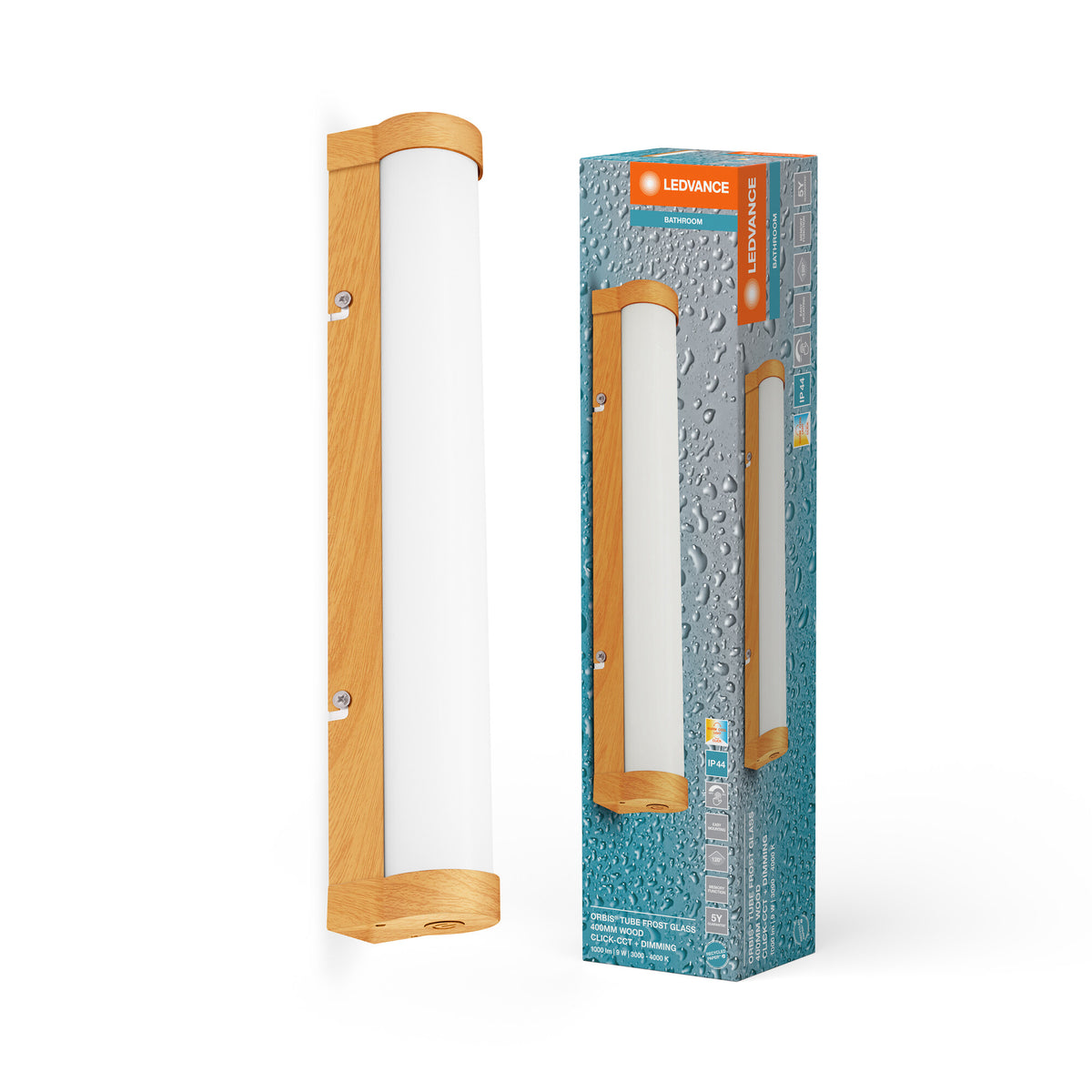 LEDVANCE ORBIS Tube Spiegel-/Wandleuchte mit LED, gefrostetes Glas/Holzdekor, 9W, 900lm, dimmbar, 3000/4000K über Wandschalter einstellbar, 40cm Durchmesser, IP44 Schutz vor Fremdkörpern/Spritzwasser