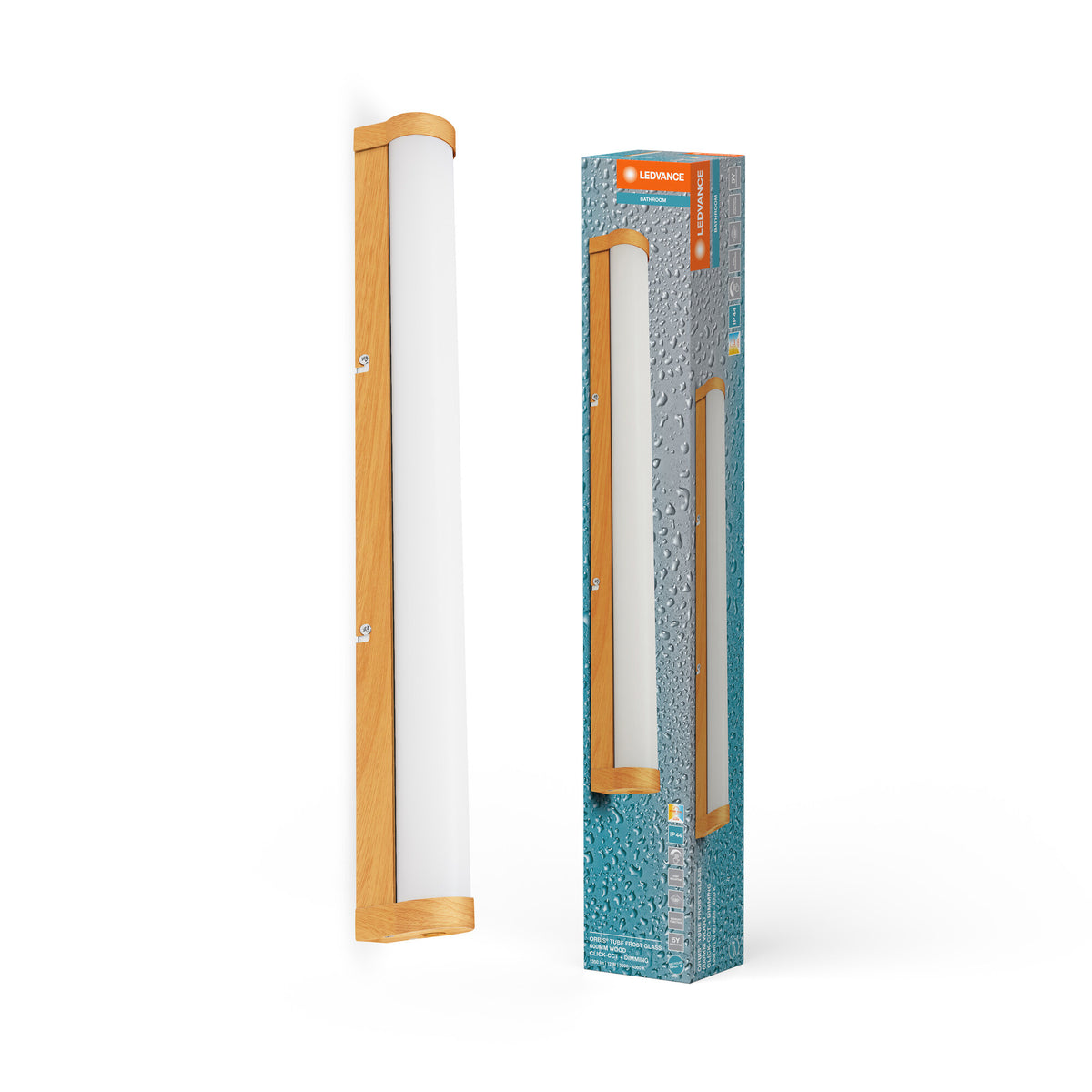LEDVANCE ORBIS Tube LED-Spiegel-/Wandleuchte, gefrostetes Glas/Holzdekor, 12W, 1200lm, dimmbar, 3000/4000K über Wandschalter einstellbar, 60cm Durchmesser, IP44 Schutz vor Fremdkörpern/Spritzwasser