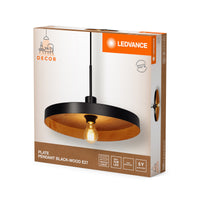 LEDVANCE Decor Plate dekorative Hängelampe mit tellerförmigem Lampenschirm, 400mm, mit E27 Fassung, IP20, Metall, schwarz/Holzoptik