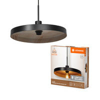 LEDVANCE Decor Plate dekorative Hängelampe mit tellerförmigem Lampenschirm, 400mm, mit E27 Fassung, IP20, Metall, schwarz/Holzoptik
