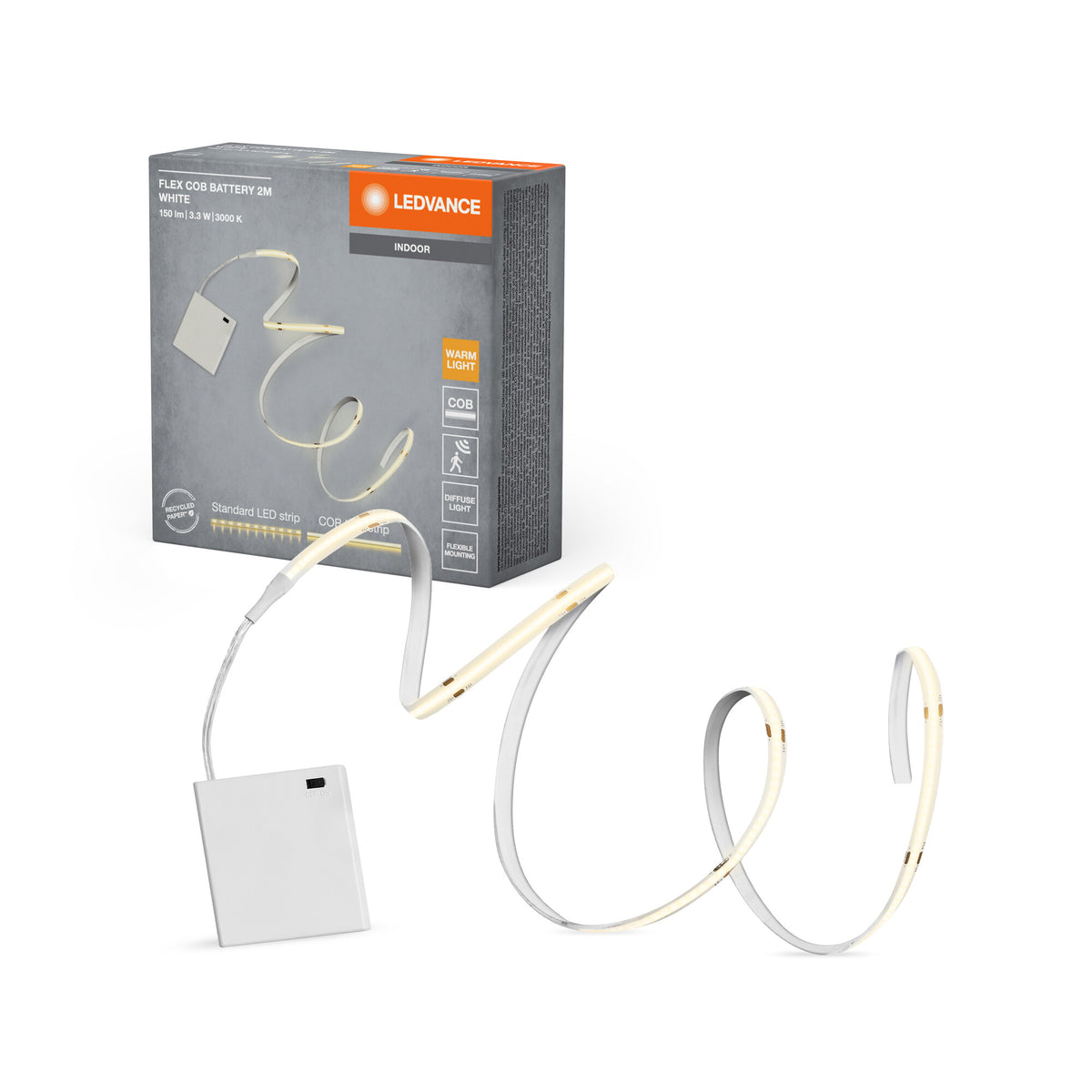 LEDVANCE FLEX dekorative batteriebetriebene COB-Streifen mit warmweißem Licht, 2 m, 3. 3W, 150lm, 3000K, 830 warmweiß, IP20, gelb, Silikon, Leuchtmittel nicht austauschbar