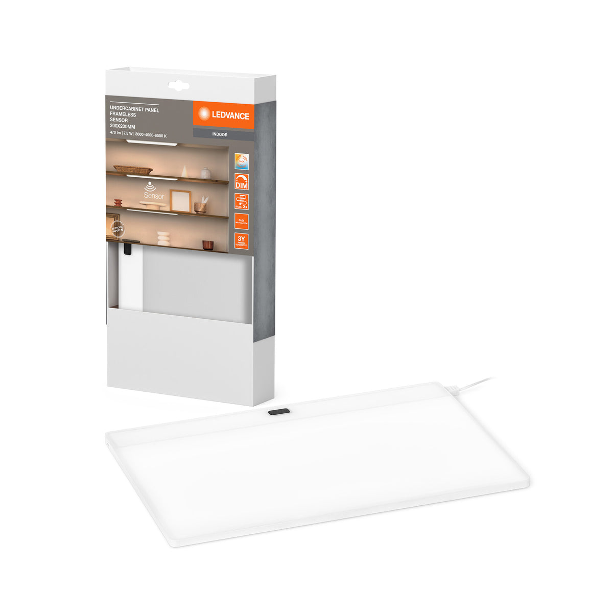 LEDVANCE Unterschrankpaneel rahmenlos, 30x20 cm, 7. 5 W, 450 lm, 3000/4000/6500 K, warmweiß/kaltweiß/Tageslicht, CCT dimmbar, weiß, Kunststoff (PC), IP20