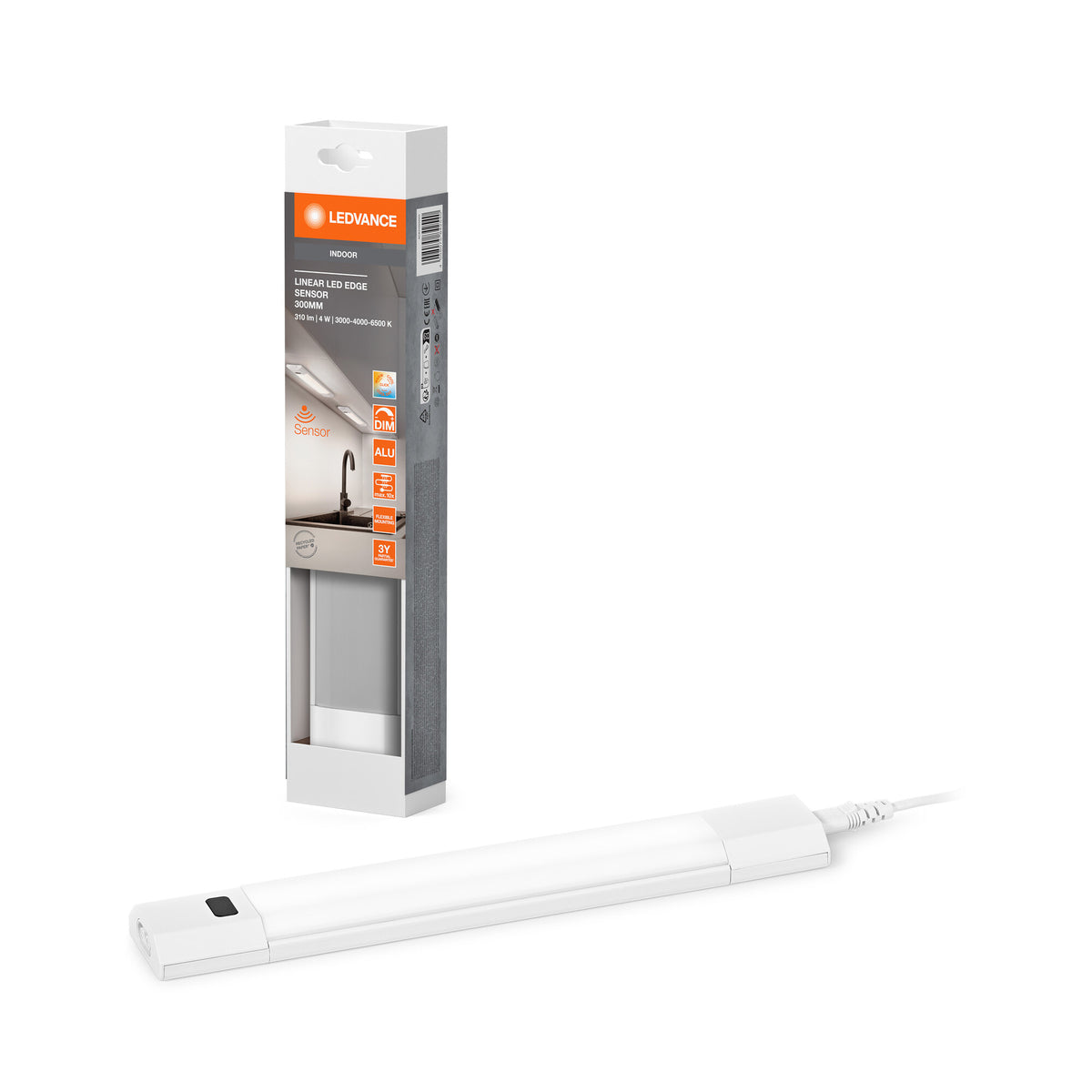 LEDVANCE Linear Ede Sensor Hochvolt-Unterbauleuchte mit IR Sensor, 30 cm, CCT dimmbar, 4 W, 290 lm, 3000/4000/6500 K, warmweiß/kaltweiß/Tageslicht, weißes Aluminium, IP20