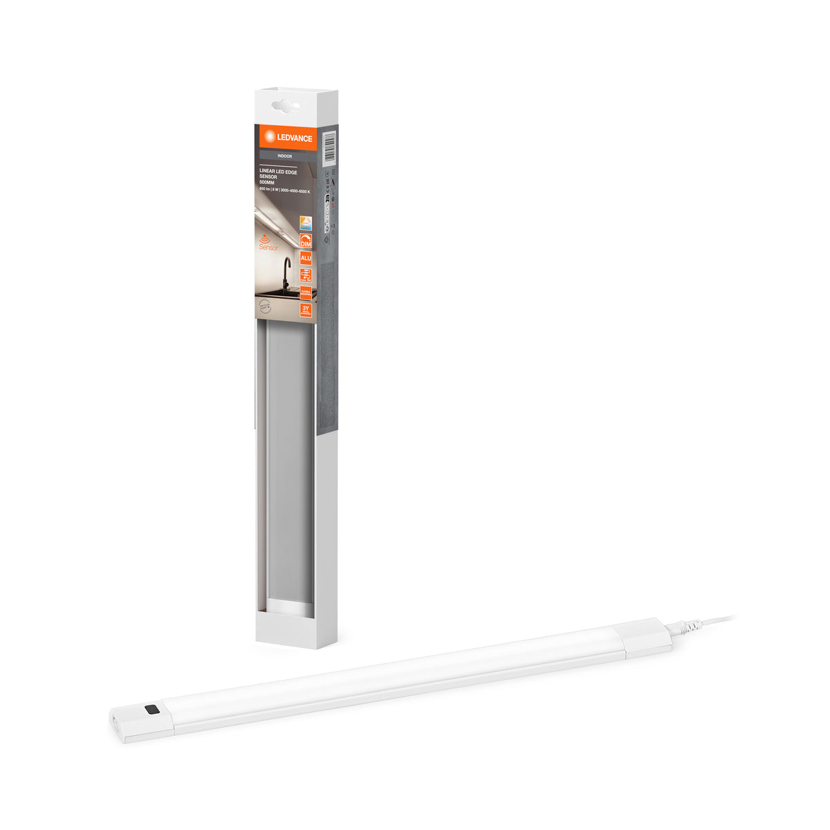 LEDVANCE Linear Edge Sensor Hochvolt-Unterbauleuchten mit IR Sensor, 30 cm, CCT dimmbar, 8 W, 640 lm, 3000/4000/6500 lm, warmweiß/kaltweiß/Tageslicht, weißes Aluminium, IP20