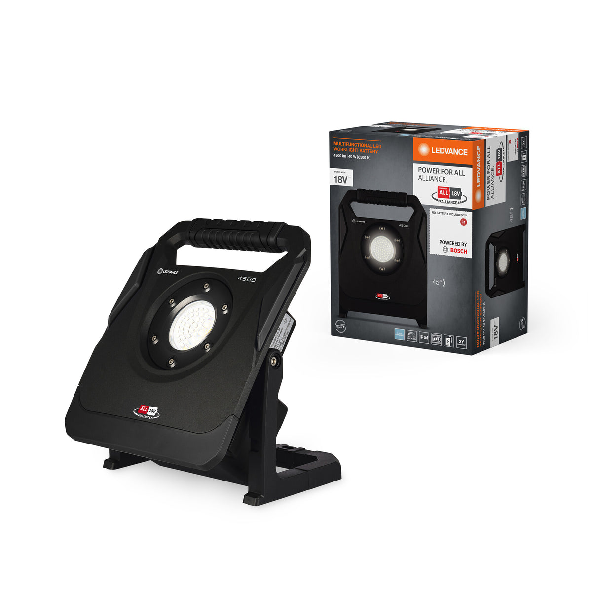 LEDVANCE Arbeitsleuchte mit schwenkbarem Kopf, batteriebetrieben, Power for all Alliance Akku kompatibel, 40 W, 4500 lm, 6500 K, 840 kaltes Tageslicht, 3-stufig dimmbar, schwarzes Aluminium, IP54
