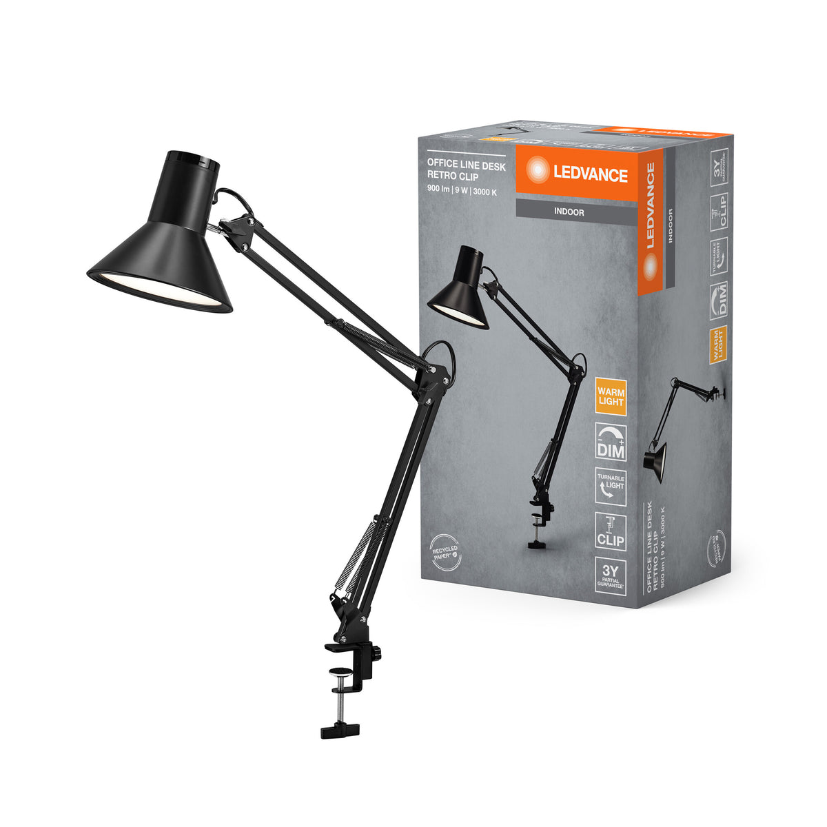 LEDVANCE Office Line Retro-Klemmleuchte mit langem Arm in Schwarz aus Metall und Kunststoff, stufenlos dimmbar, mit IP20-Schutz, für das Home Office