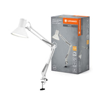 LEDVANCE Office Line Retro-Klemmleuchte mit langem Arm in Weiß aus Metall und Kunststoff, stufenlos dimmbar, mit IP20-Schutz, für das Home Office