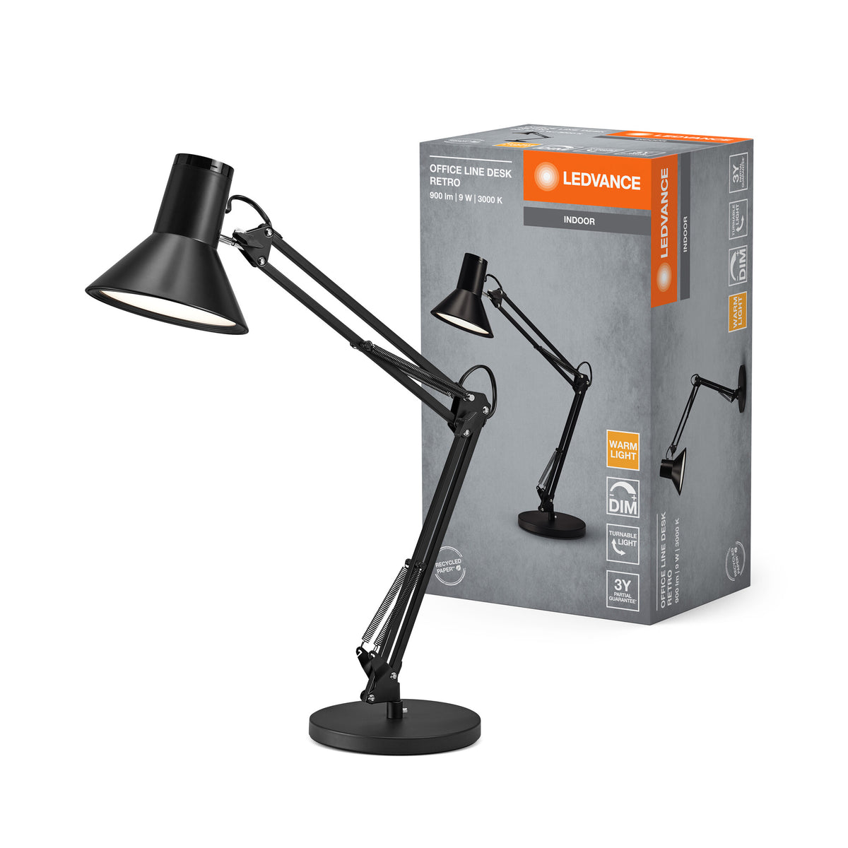 LEDVANCE Office Line Retro-Schreibtischleuchte mit langem Arm, stufenlos dimmbar, in Schwarz aus Metall und Kunststoff, IP20-Schutz, für Home Office