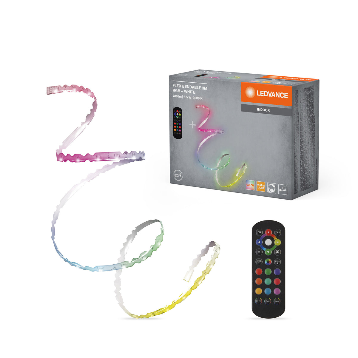 LEDVANCE Flex Bendable RGBW LED Streifen 3M, inkl. Fernbedienung, selbstklebend, dimmbar, mit Batterie und Montagezubehör