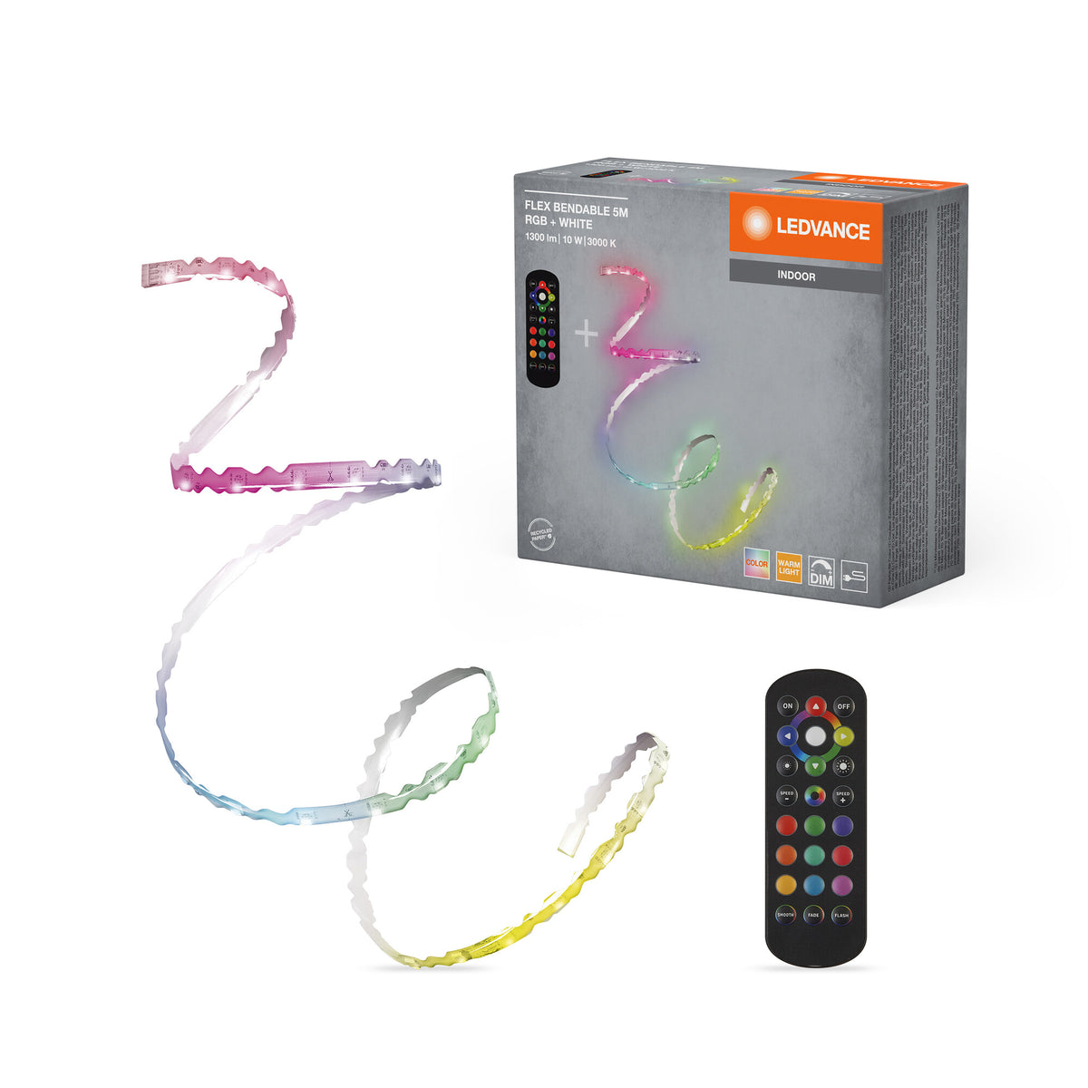 LEDVANCE Flex Bendable RGBW LED Streifen 5M, inkl. Fernbedienung, selbstklebend, dimmbar, mit Batterie und Montagezubehör