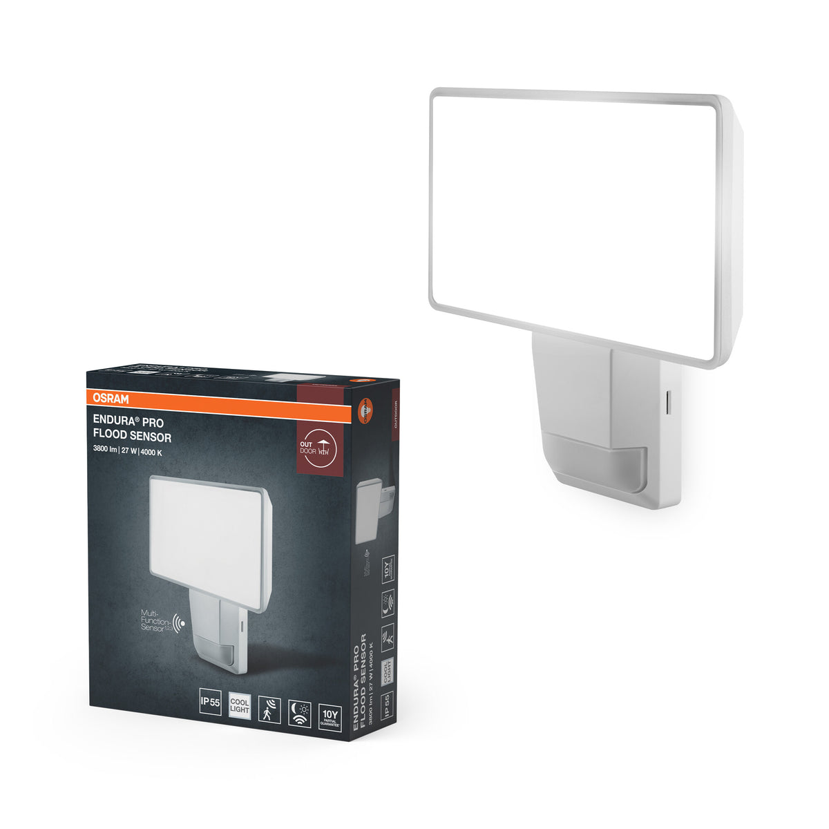 OSRAM LED-Strahler Flutlicht mit Sensor, 27W, neutralweiß, 3000lm, IP55, schwenkbar, für Außenbereiche, Parkplätze und Eingangsbereiche