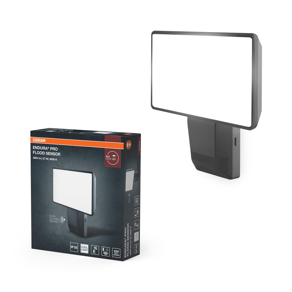 OSRAM ENDURA PRO Hocheffizienter Außenwand-Sensorstrahler mit weitem Ausstrahlungswinkel in innovativem optischen Design, 27W in Dunkelgrau, IP55-Schutz, für Parkplatz und Parks