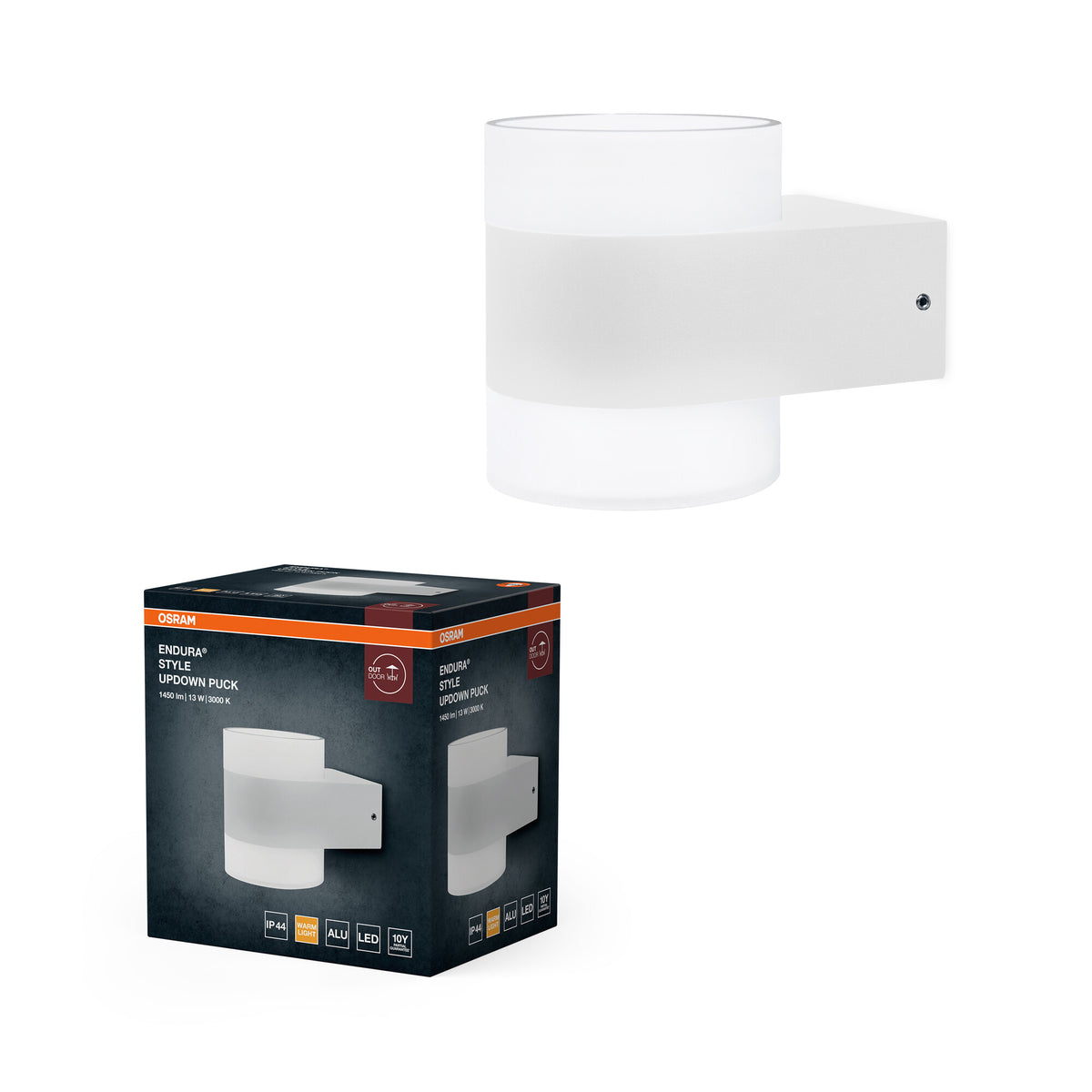 OSRAM UpDown Puck LED Wandleuchte, warmweiß 3000 K, Außenleuchte, 13W, Licht nach oben und unten, IP44, 980lm, Aluminiumdruckguss, Weiß