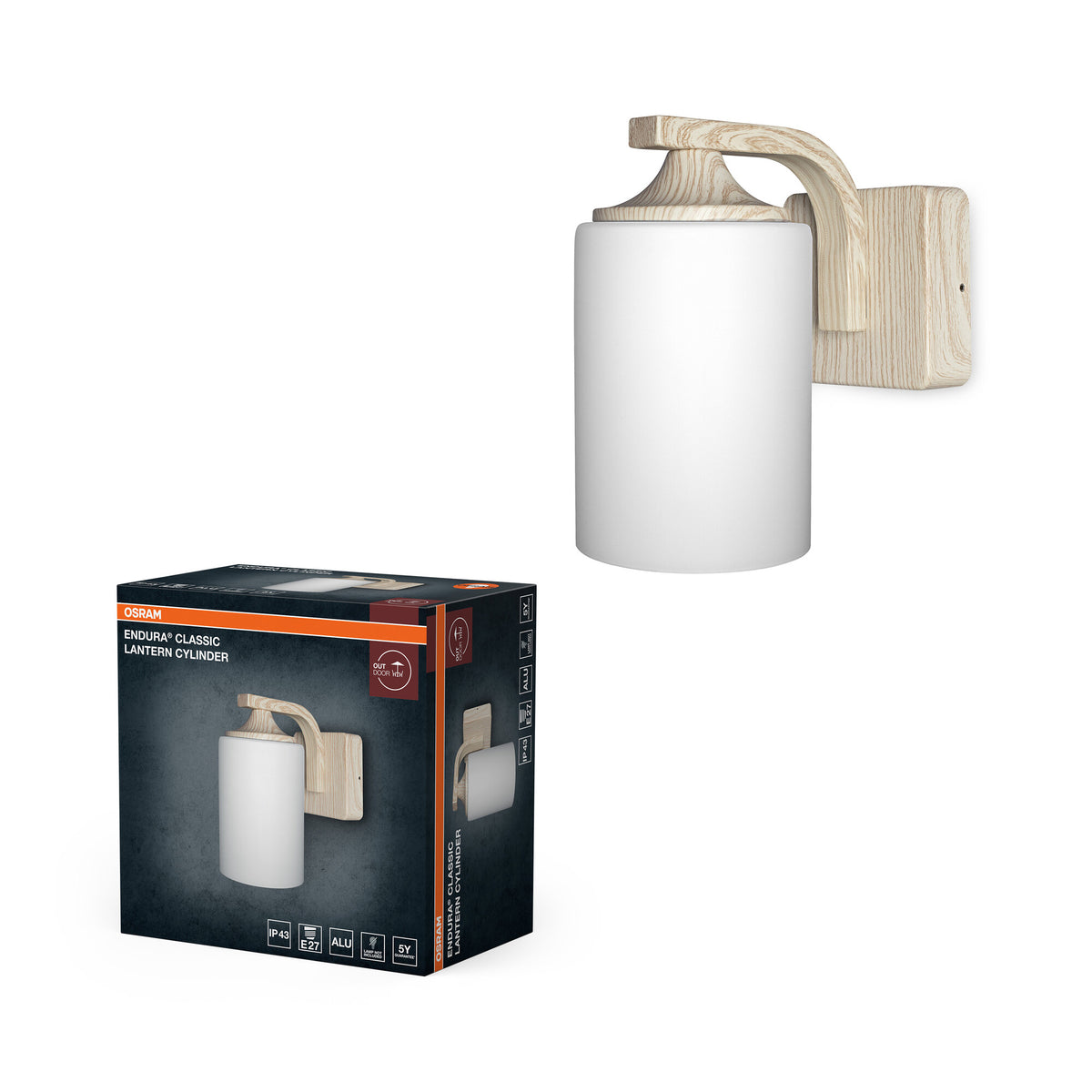 OSRAM ENDURA Classic Wandleuchte, Holzdekor, E27, IP43, Aluminiumgehäuse, Glasdiffusor, geeignet für Außenbereiche, ohne Leuchtmittel.