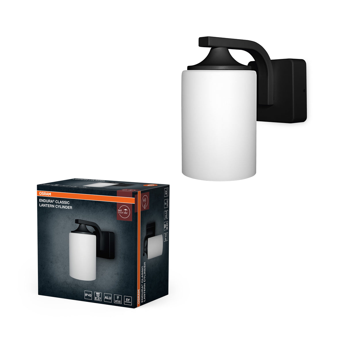 OSRAM ENDURA Classic Wandleuchte, Schwarz, E27, IP43, Aluminiumgehäuse, Glasdiffusor, geeignet für Außenbereiche, ohne Leuchtmittel