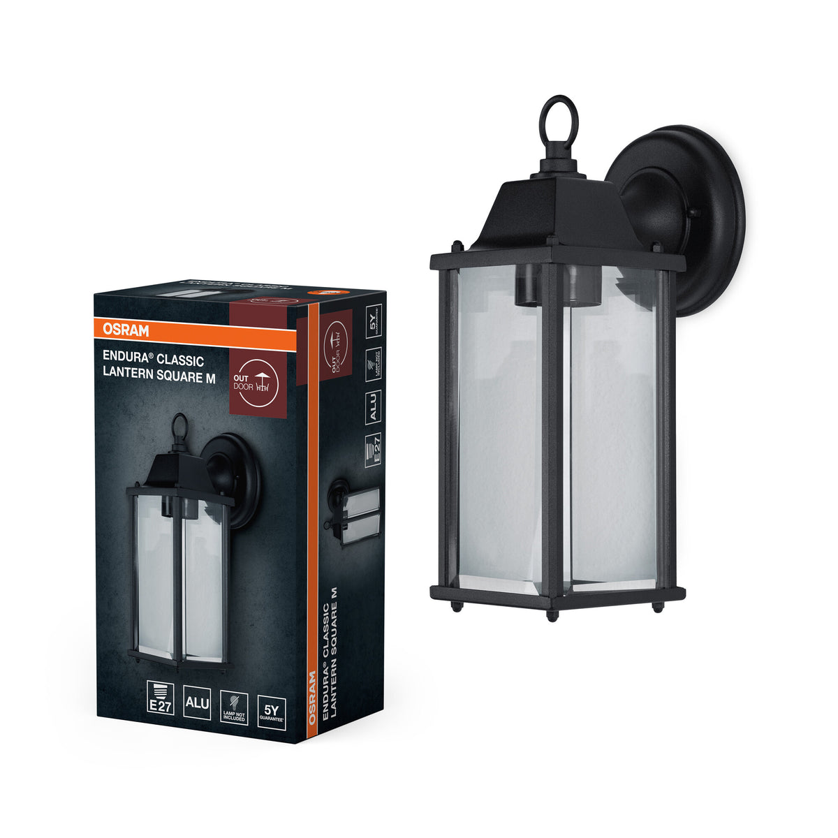 OSRAM ENDURA Classic Außenleuchte M E27 Schwarz, IP43, Aluminiumgehäuse, klares Glas, ohne Leuchtmittel, Wandmontage für geschützte Bereiche