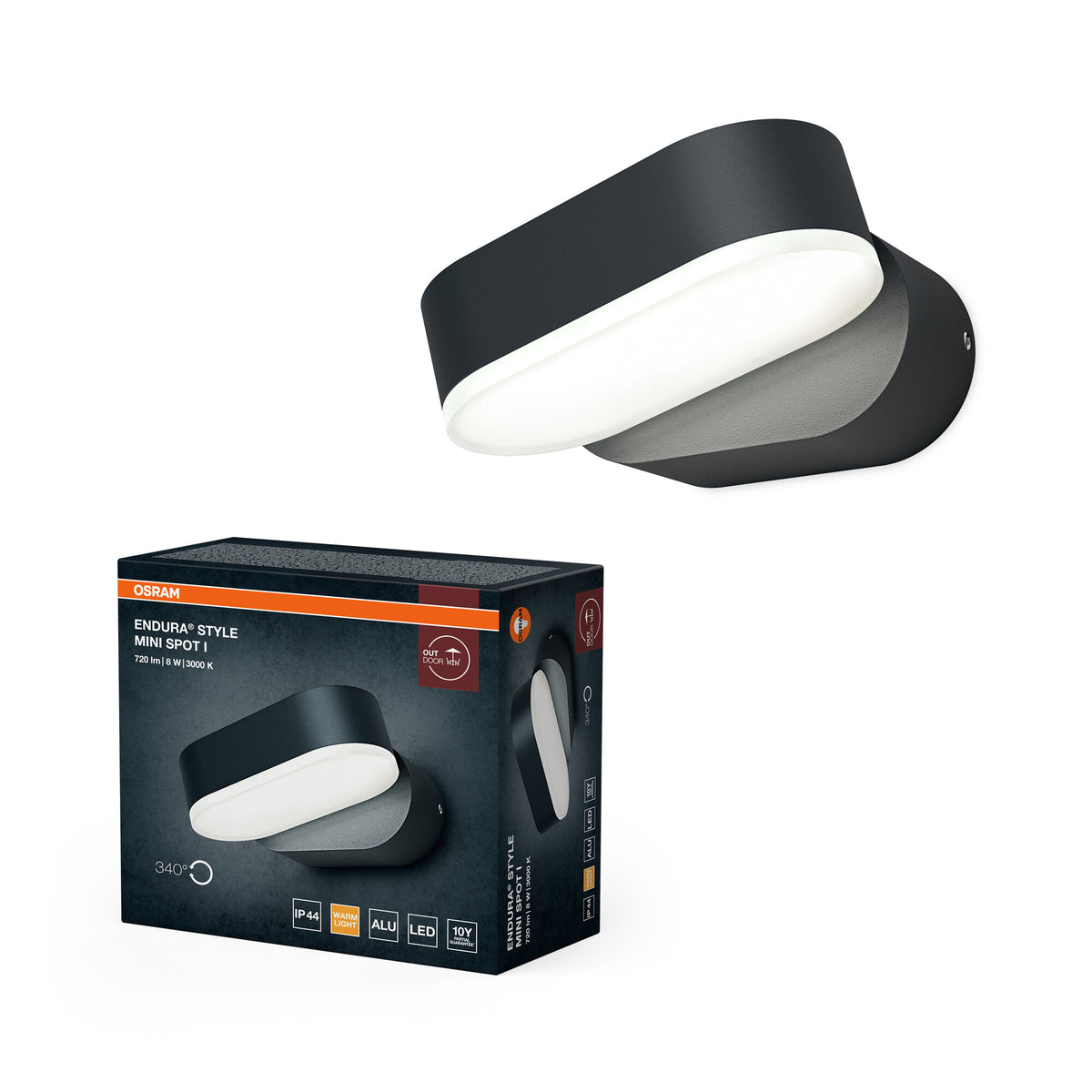 OSRAM ENDURA Style Mini-Spot helle und funktionale LED-Outdoor-Wandleuchte in Dunkelgrau mit 340° drehbarem Kopf, IP44-Schutz, ideal für Eingangsbeleuchtung