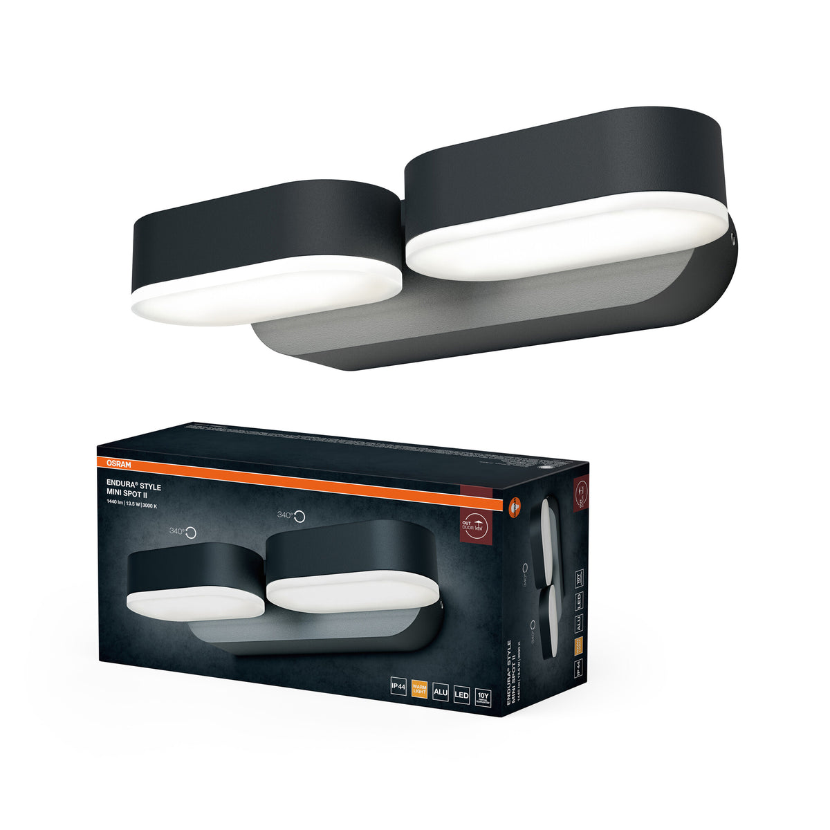 OSRAM ENDURA Style 2er-Set Mini-Spots in Dunkelgrau, LED-Outdoor-Wandleuchte mit 340° drehbarem Kopf, IP44-Schutz, ideal für Eingangsbeleuchtung