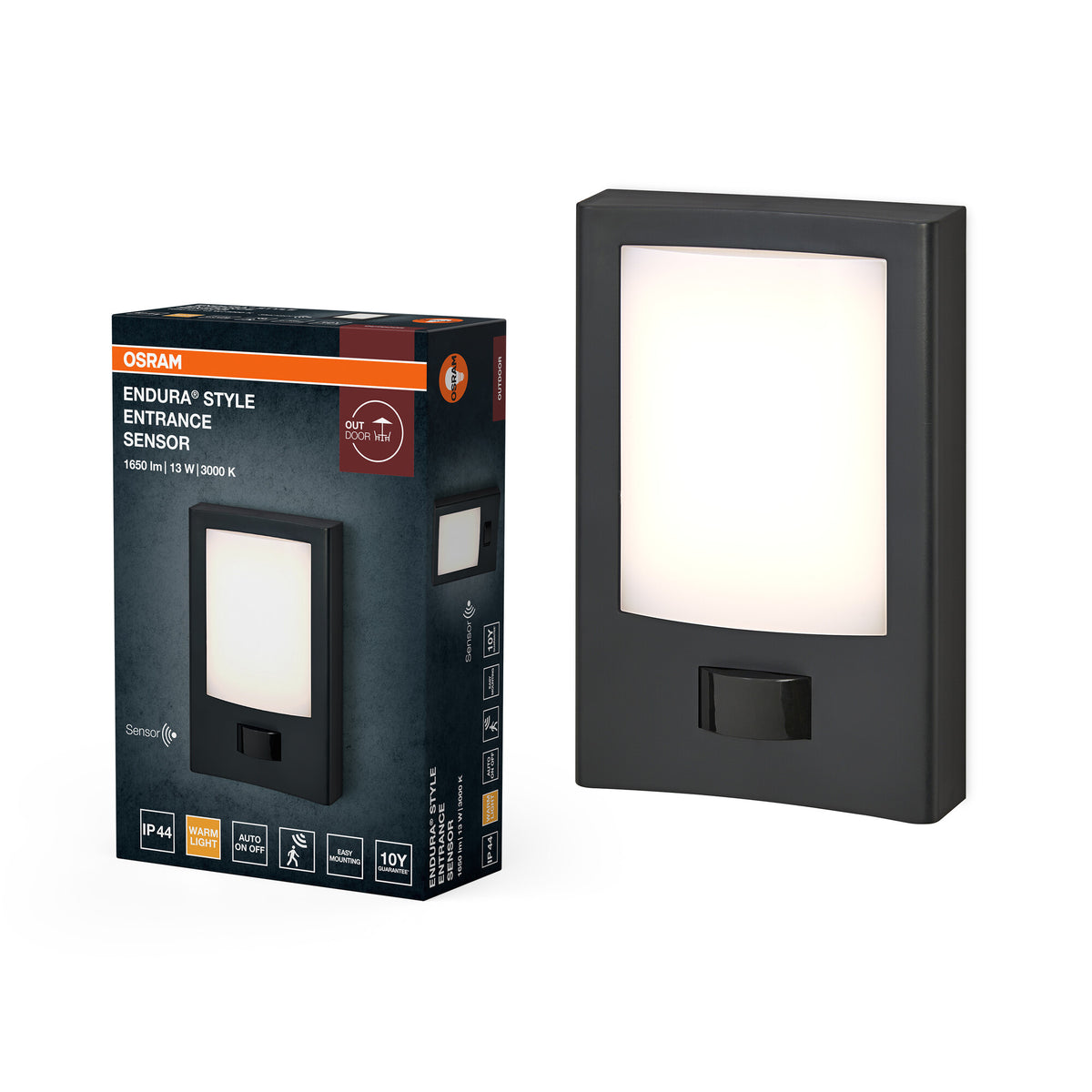 OSRAM ENDURA STYLE ENTRANCE Außenbeleuchtung, 13W, 900lm, Eingangsleuchte, dunkelgrau, Bewegungsmelder, Tageslichtsensor, IP44 Schutzklasse, 3.000K Farbtemperatur, warmweiße Lichtfarbe