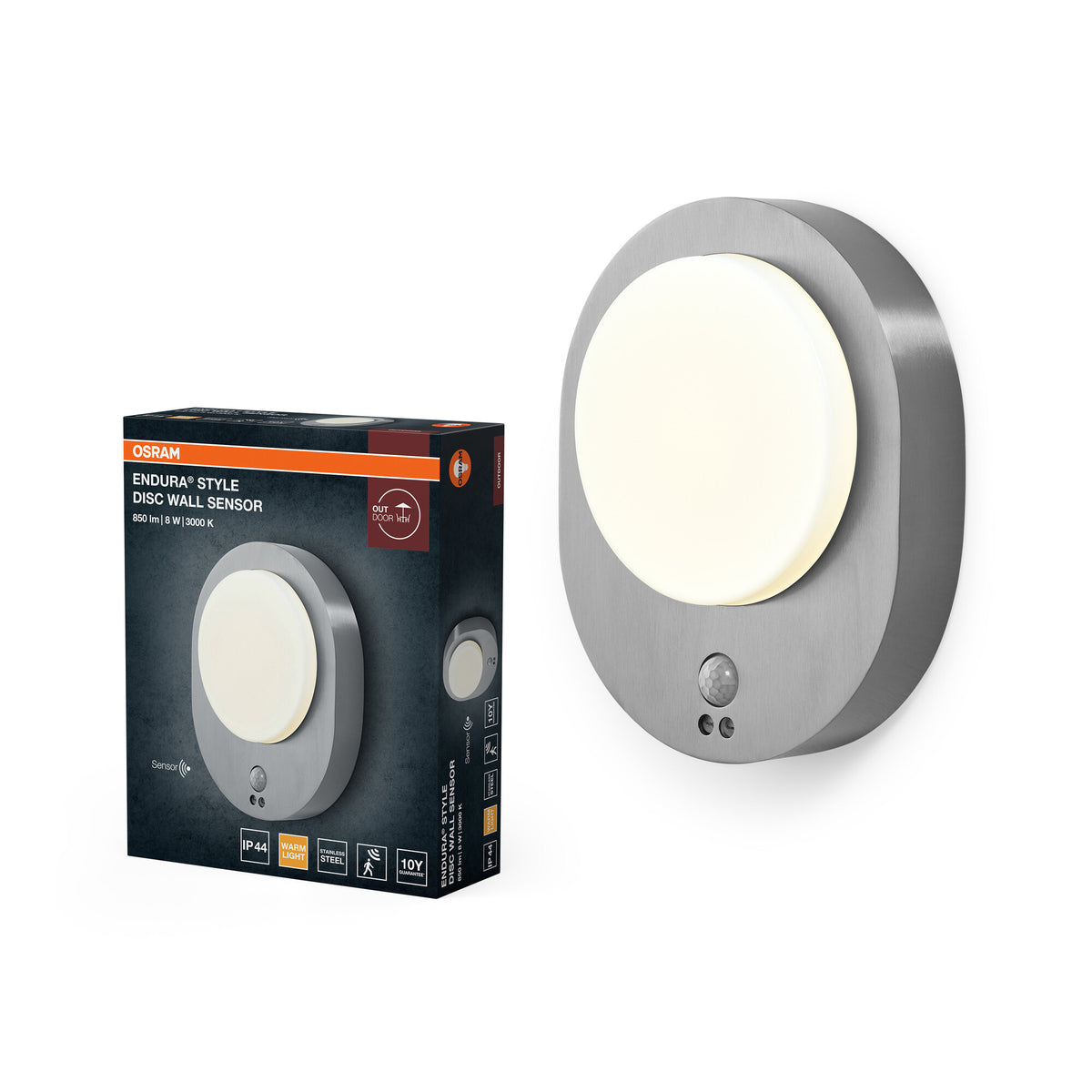 OSRAM ENDURA STYLE DISC Außenwandleuchte Sensor, runde LED-Wandleuchte in Edelstahl mit Bewegungssensor, warmweiß, 3000K, IP44, 8W