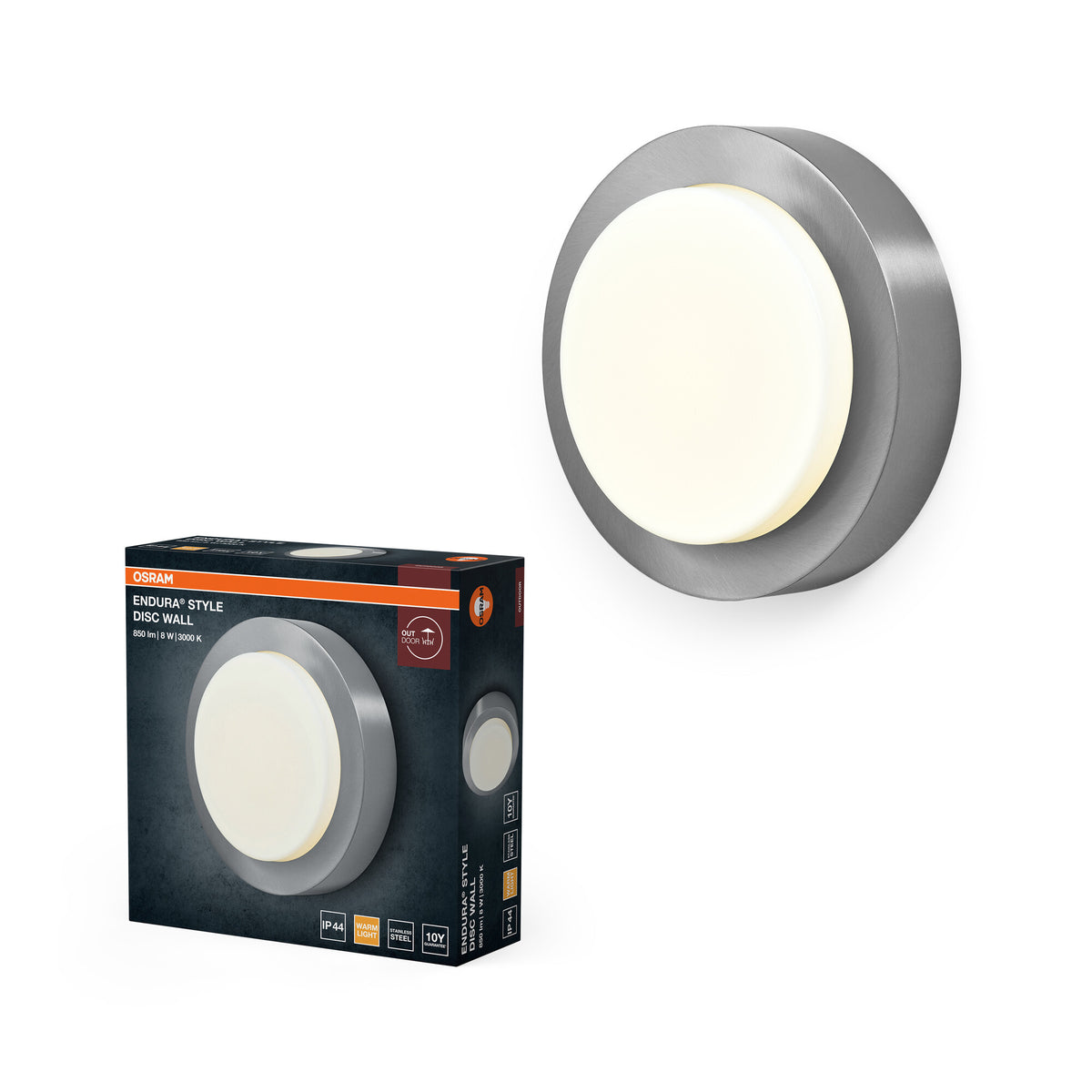 OSRAM ENDURA STYLE DISC Außenwandleuchte, runde LED-Wandleuchte in Edelstahl, indirektes Licht, warmweiß, 3000K, IP44, 8W